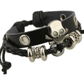Pulsera gótica de cuero para hombre con calavera plateada y cuerdas trenzadas negras - Calavera Trenzado Individual (B01400)