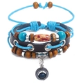 Bohemian multilayer braided leather bracelet with blue wooden beads and ethnic pendant - Black