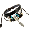 Retro bohemian leather bracelet featuring turquoise beads and silver feather pendant - Black