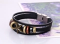 Detail of retro multilayer black leather bracelet with bronze stars and wooden beads - Black