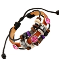 Retro multi-layer leather bracelet with colorful wooden beads and pink crystals - Vintage Multilayer Beaded Style (B01465)