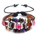Handmade multilayer leather beaded bracelet with wood beads and pink crystals - Purple Rhinestones