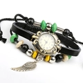 Orologio bracciale multistrato in pelle punk retrò con ciondolo a ala di bronzo - Stile Ciondolo a Piuma Retrò (W01336) / Nero