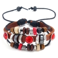 Multilayer bohemian leather bracelet with red crystal beads and handmade braided cords - Bright Red Rhinestone