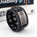 Punk vintage black leather bracelet with silver shield metal buckle and adjustable studs - Black