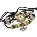 Orologio a bracciale in pelle intrecciata vintage con perline e ciondolo a cuore - Stile Intrecciato Nero