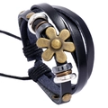 Mehrlagiges Lederarmband für Herren mit geflochtenen schwarzen Bändern und Bronzeblume - Schwarz Mehrlagig Vintage Floral Stil