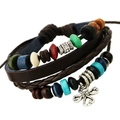 Bracciale multistrato in pelle con perline di legno colorate e ciondolo a farfalla argento - Stile Multistrato con Ciondolo a Farfalla