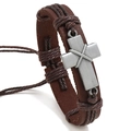 Vintage braided brown leather bracelet with silver cross and adjustable cord - Dark Brown
