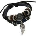 Pulsera punk multicapa de cuero con cierre de escudo y colgante de ala de rosa - Estilo de Ala Vintage / Negro y Azul