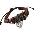 Multilayer braided leather bracelet with wooden beads and vintage heart pendant - Brown