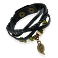 Retro multi-layer woven leather bracelet with leaf pendant and adjustable bronze buckle - Black