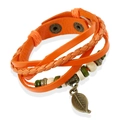 Handmade orange leather multilayer bracelet with leaf pendant and wooden beads - Orange Red