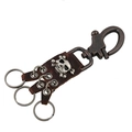 Portachiavi punk in pelle marrone scuro con teschio d'argento e moschettone vintage - Marrone
