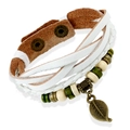 Retro multi-layer woven white leather bracelet featuring wooden beads and leaf pendant - White