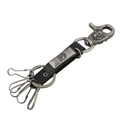 Vintage black leather keychain with skull carabiner and silver metal mohawk detail - Black