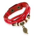 Braided red leather multi-layer bracelet featuring a vintage metal leaf pendant - Red