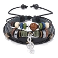 Multilayer leather beaded bracelet set with silver treble clef music note pendant - Black