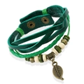 Retro multi-layer emerald green leather bracelet with leaf pendant and wooden beads - Green