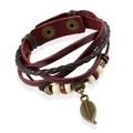 Multi-layer vintage leather bracelet with bronze leaf charm and brown woven cords - Brown