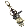 Portachiavi con coniglio zodiacale bronzo retrò con cinturino in pelle marrone intrecciata - Coniglio