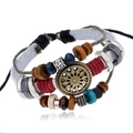 Bohemian multi-layer leather bracelet with wooden beads and bronze sun pendant - White Leather With Antique Bronze