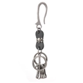 Vintage punk U-shaped leather keychain with skull accent and peace sign pendant hanging - Black