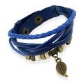 Retro multi-layer braided blue leather bracelet with wooden beads and leaf pendant - Blue