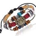 Vintage bohemian multilayer bracelet with dark brown leather and wood beads - Light Brown Leather With Antique Bronze