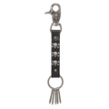 Punk skull leather keychain with silver alloy accents and multiple spring clips for keys - Black