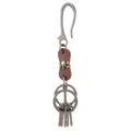 Punk vintage leather keychain with metal skull and peace sign pendant on white background - Brown