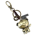 Portachiavi tigre in bronzo vintage con cinturino in pelle marrone e targhetta incisa - Tigre