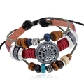 Vintage multi-layer leather bracelet with sun pendant and colorful wooden beads - Red Leather With Antique Silver