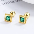 Square emerald stud earrings in 925 sterling silver with gold beaded bezel and screw back - 925 Silver / Gold