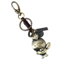 Vintage bronze keychain with brown leather strap and cartoon chicken metal charm - Rooster