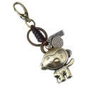 Vintage bronze monkey zodiac keychain with brown leather wrap and engraved metal charm - Monkey