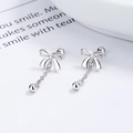 Silver bow tassel stud earrings in 925 sterling silver with a sleek screw back design - 925 Silver / White Gold