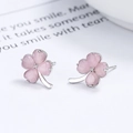 Minimalist 925 silver stud earrings with pink cat eye stone four-leaf clover design - Pink Rhinestone Silver Color (Pair) / Pink Zircon Platinum Color
