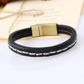Men's black leather bracelet with white stitching and gold magnetic metal buckle - Black