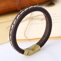 Retro dark brown leather bracelet for men with magnetic clasp and white stitching - Brown