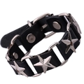 Punk style genuine leather bracelet with silver star rivets and metal link chain - Black Five-pointed Star