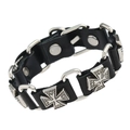 Punk-Lederarmband aus Rindsleder mit silbernen Metallkreuzen und runden Gliederscheiben - Schwarz