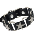 Punk style men's black leather bracelet featuring silver pentagram stars and metal rings - Black