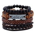 Retro multi-layer men's leather bracelet set with beads and believe engraved metal plate - Believe Engraved Style / Brown Black