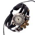 Orologio vintage multistrato in pelle nera con cassa in bronzo e decori di perline - Nero Vintage (W01314)