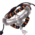 Bracciale retrò in pelle con aquila d'argento antico e ciondolo teschio stile scuro - Stile Aquila Ali Teschio (B01351)