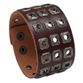 Punk style wide leather bracelet with triple row square metal studs and snap closure - Brown