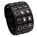 Punk black leather wide cuff bracelet with three rows of square metal studs and snap button - Black