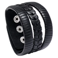 Pulsera multicapa de cuero negro trenzado para hombre con cierres de presión plateados - Negro
