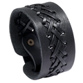Bracciale largo in pelle nera da uomo con trama intrecciata e chiusura in metallo retrò - Nero